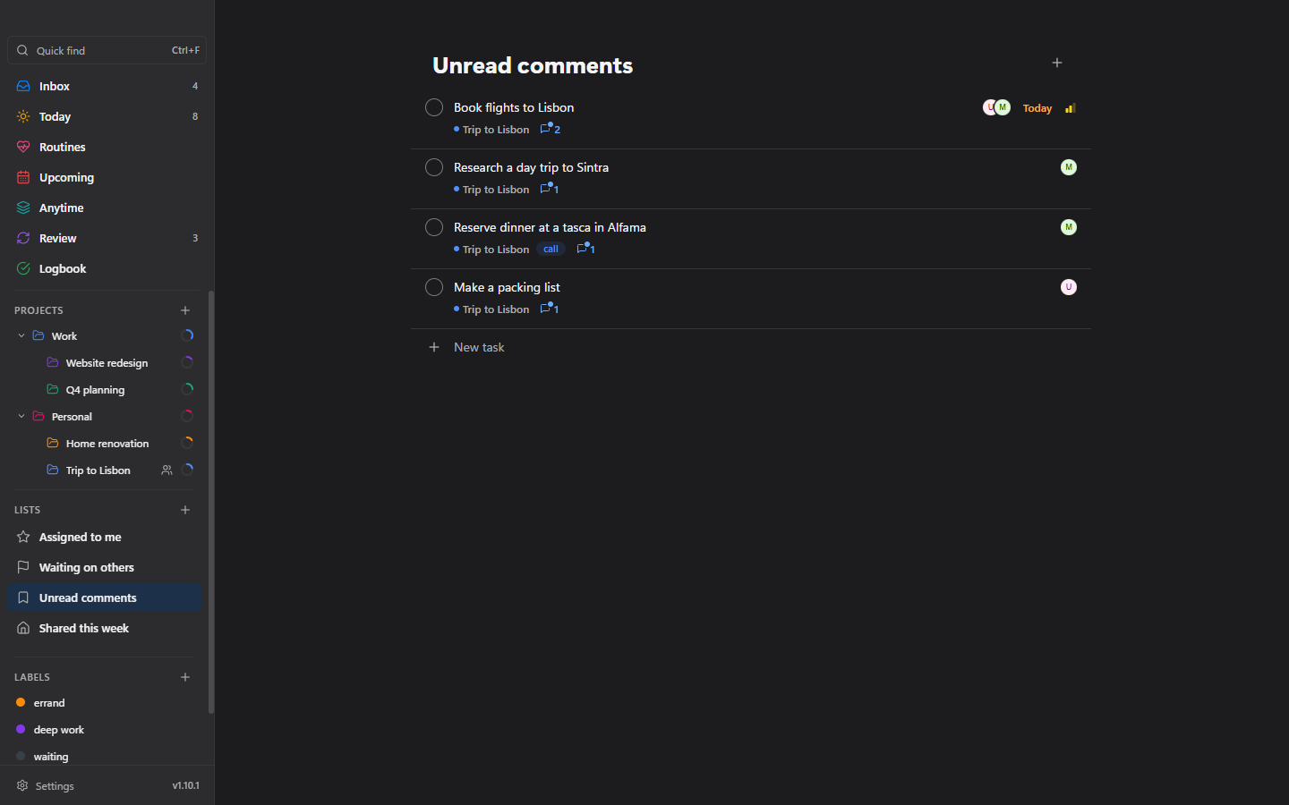 The Unread comments list in the dark theme