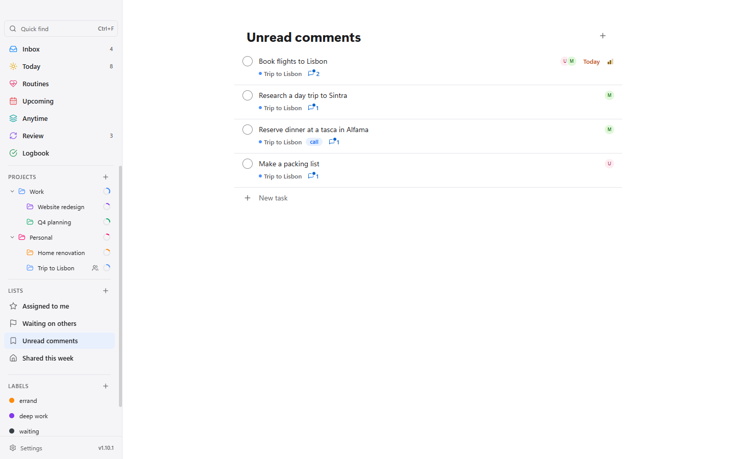 A custom list Unread comments with four tasks that have unread comments