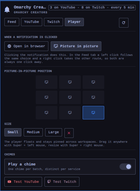 The player tab, with the click action, the nine picture-in-picture anchors, sizes and chimes