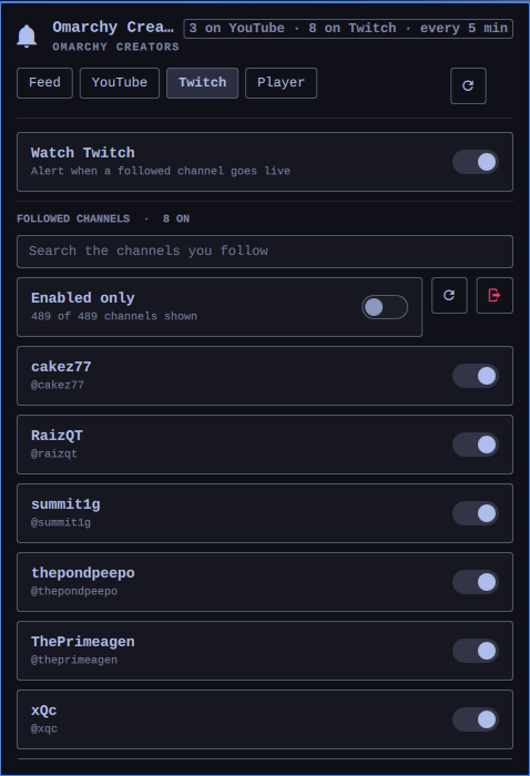 The Twitch tab, with a search box and a switch on every followed channel