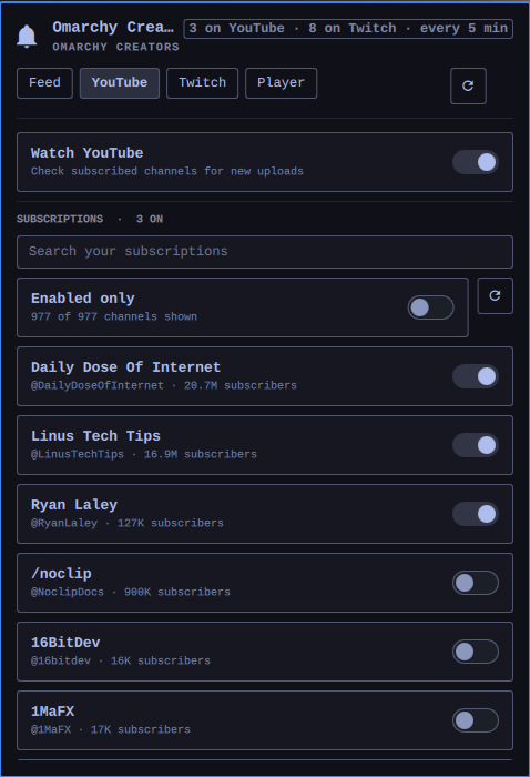The YouTube tab, with a search box and a switch on every subscription