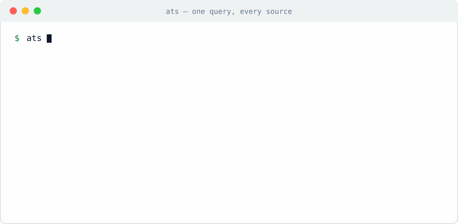 ats find — one query fused across GitHub, Notion, and TickTick, ranked by RRF