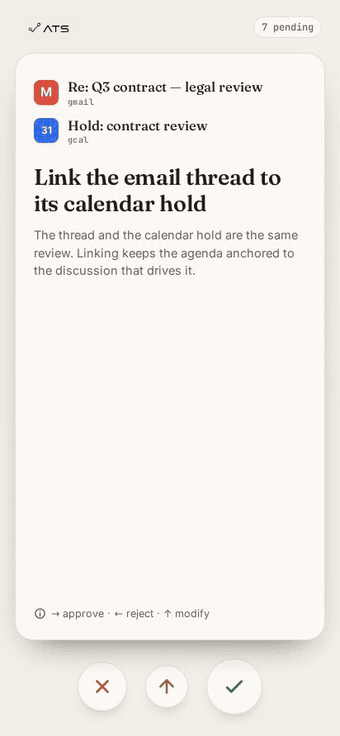 Operator deck — swipe to approve agent-suggested actions across adapters