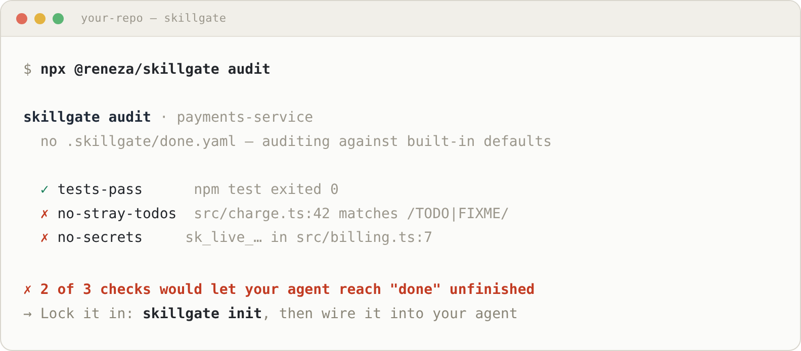 skillgate audit: a one-command, read-only report scoring a repo against a definition of done — passing the test gate, flagging a stray TODO and a leaked secret