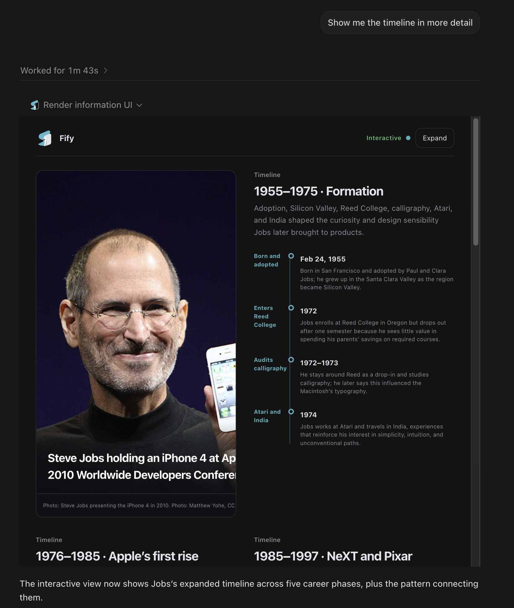Fify rendering a grounded Steve Jobs timeline as an interactive information view inside Codex.