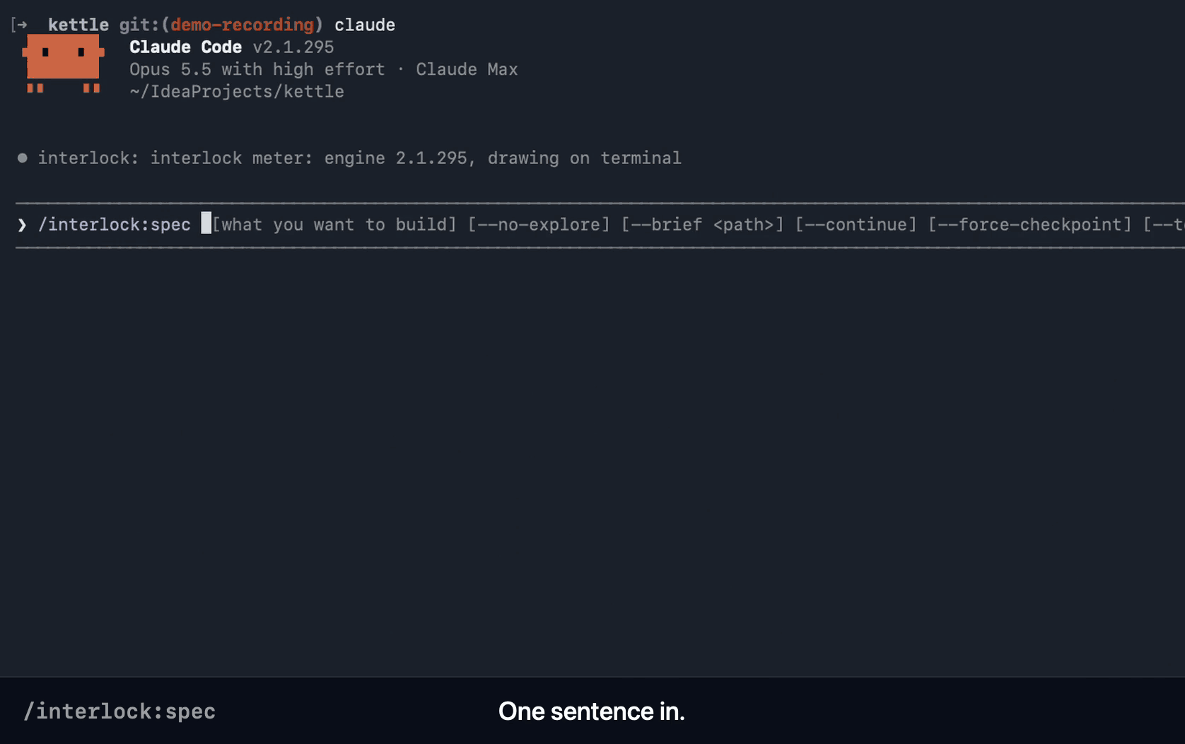 One real run, 34 seconds: /interlock:spec asks one question, writes the change and stops at the checkpoint; /interlock:ship runs two waves of parallel agents, the suite passes 180 of 180, one commit.