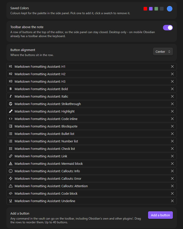 The toolbar settings: the list of commands on it, their alignment, and the button to add more