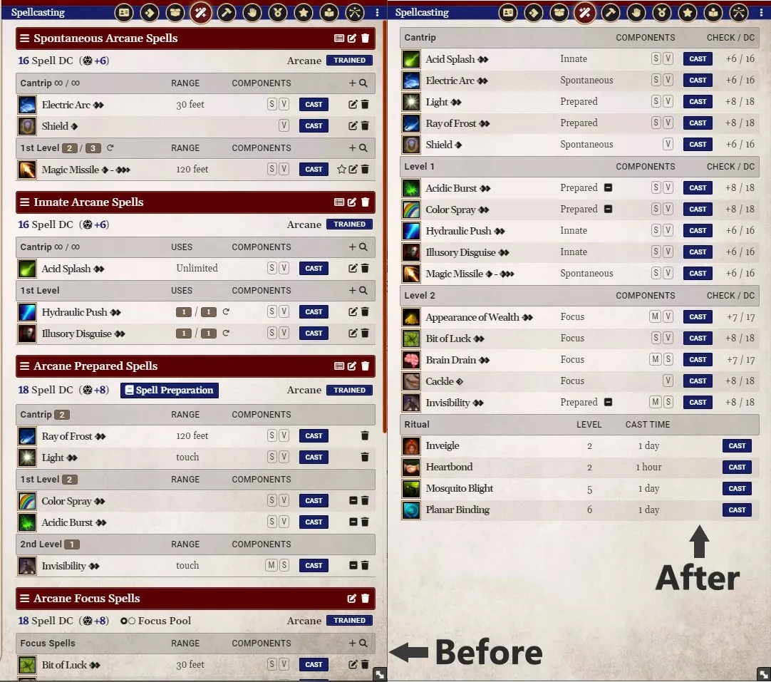 PF2e Spells Summary Foundry Virtual Tabletop   Before After.webp