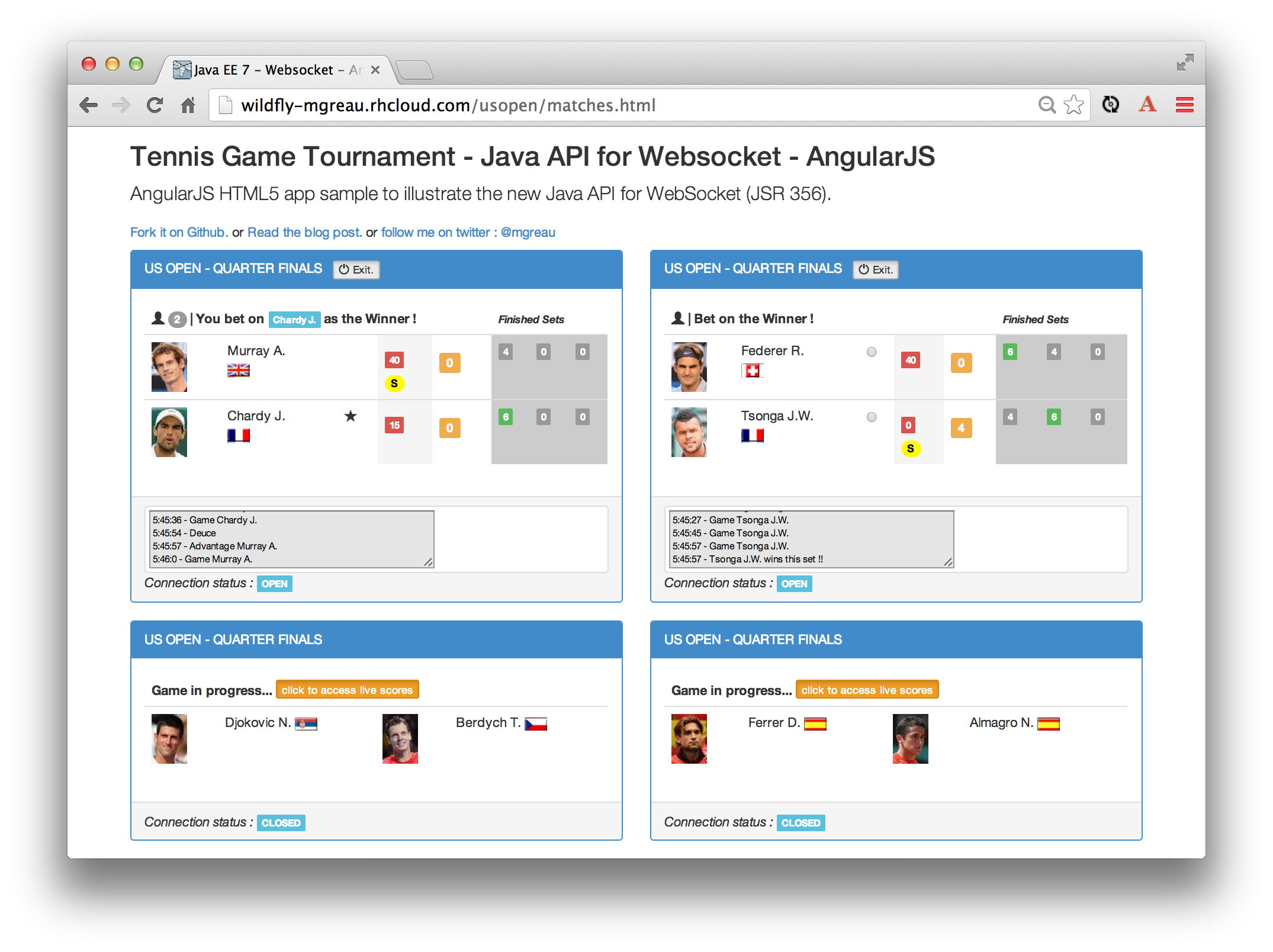 Screenshot of the WebSocket Java EE 7 demo with a severals matches and AngularJS deployed on WildFly