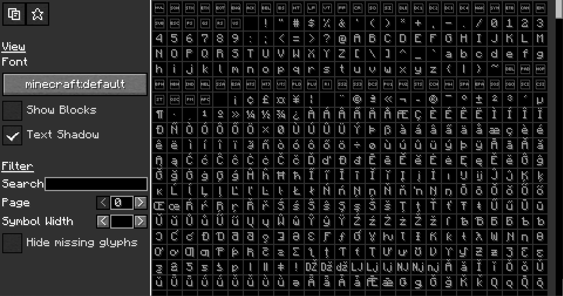 New unicode table screen