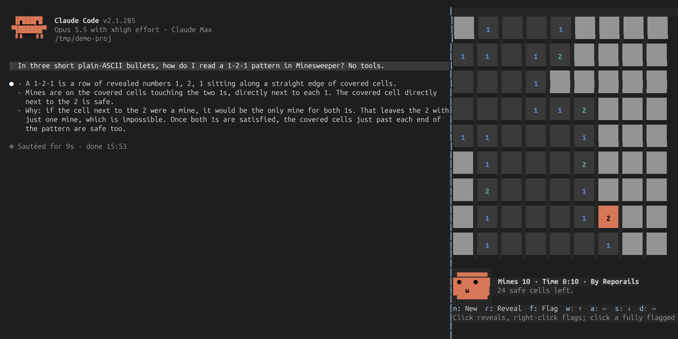 Minefield docked beside a Claude Code session: the board in big tiles, the face looking over at Claude's answer