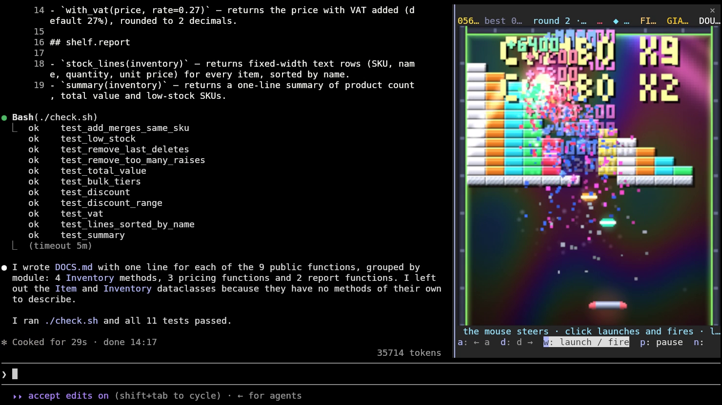 Brickfall docked beside a Claude Code session in kitty: round two, Staircase, mid-combo with COMBO X9 flying off the bricks, while Claude reports that all 11 tests passed (a recorded take, with a bot at the paddle)