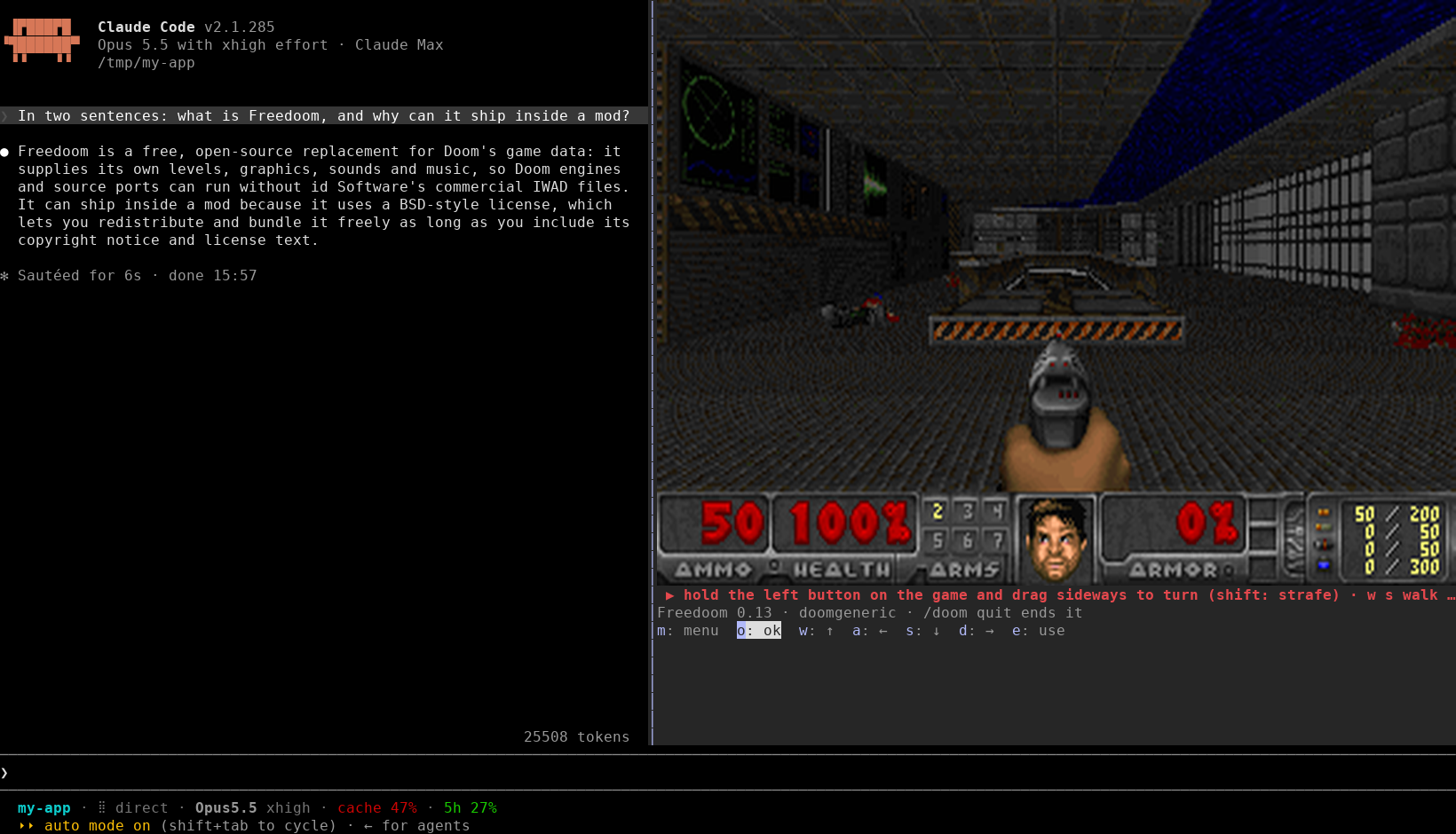 Doom docked beside a Claude Code session in kitty: Freedoom's first level in the pane, Claude's answer in the transcript (rendered from the session's screen cells and the engine's frame)
