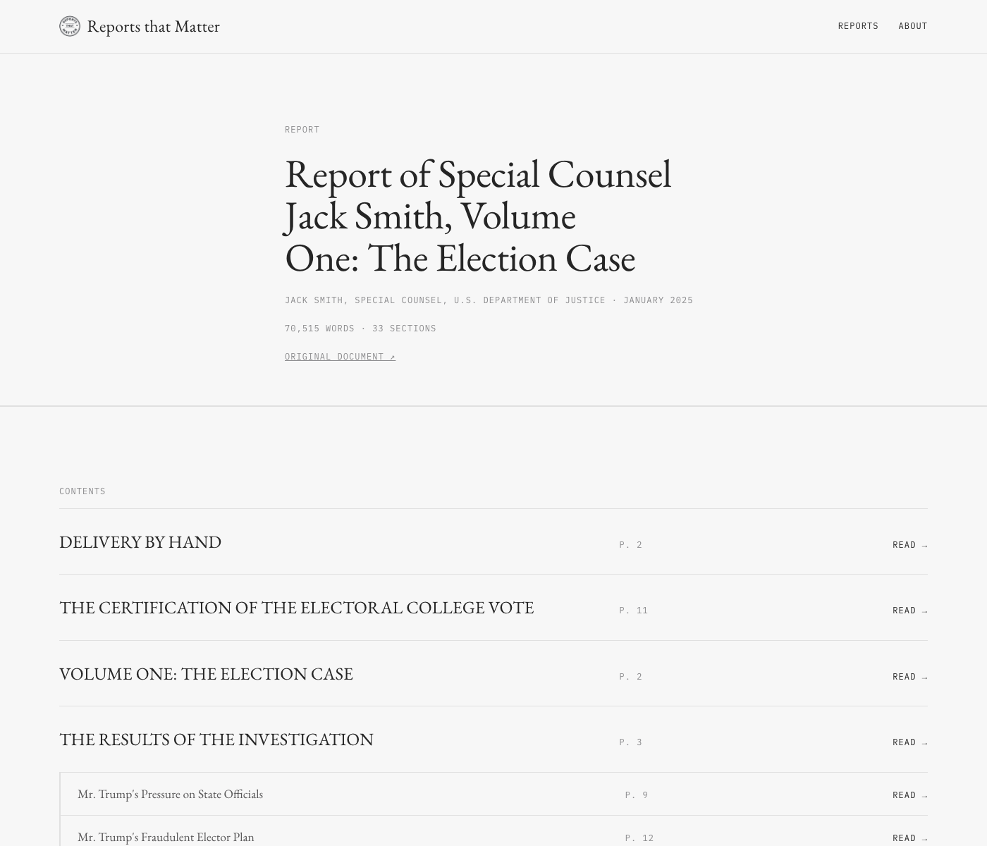 Contents page, sections indented under their part