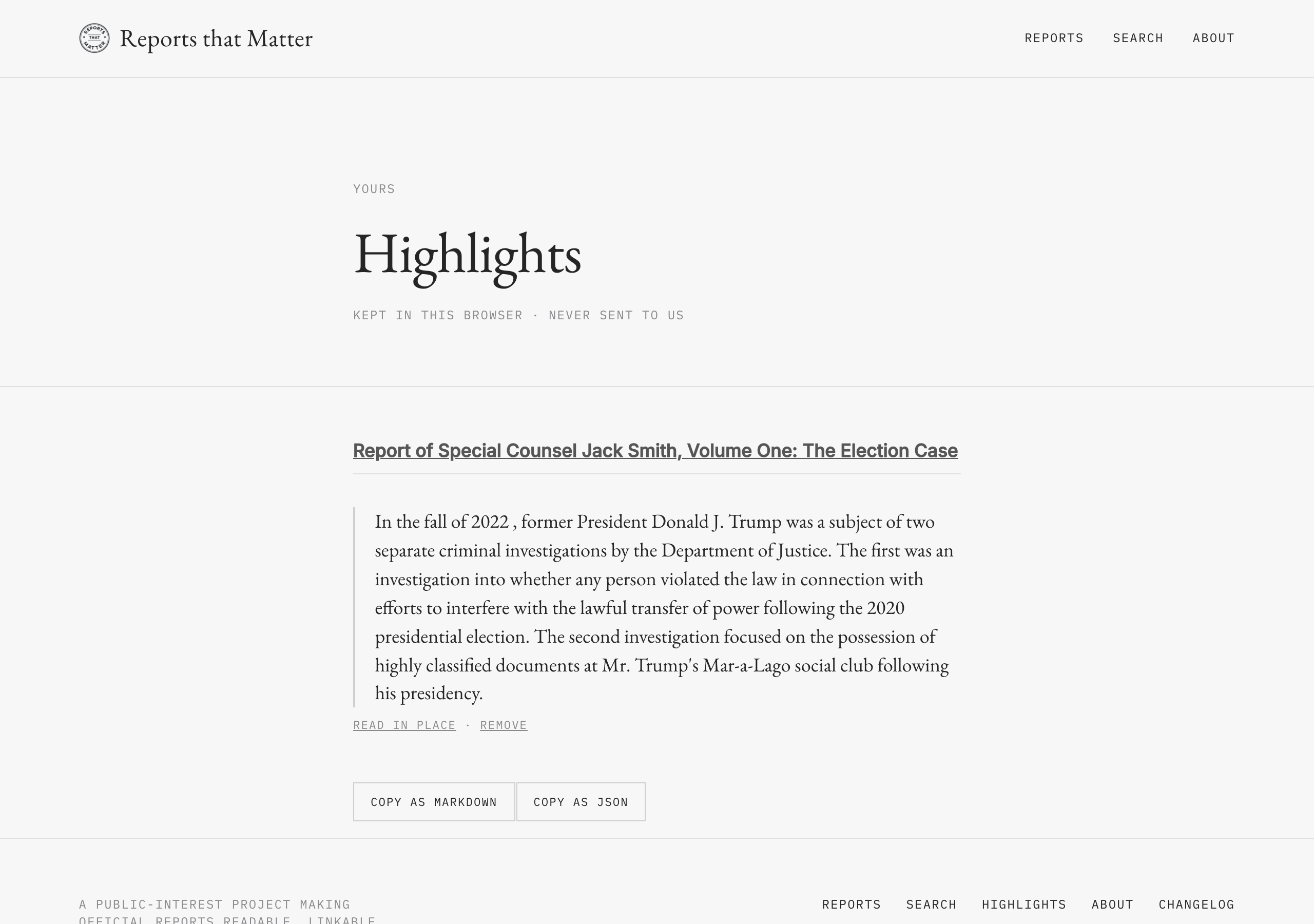 The /highlights page, a saved quote with its source and an export