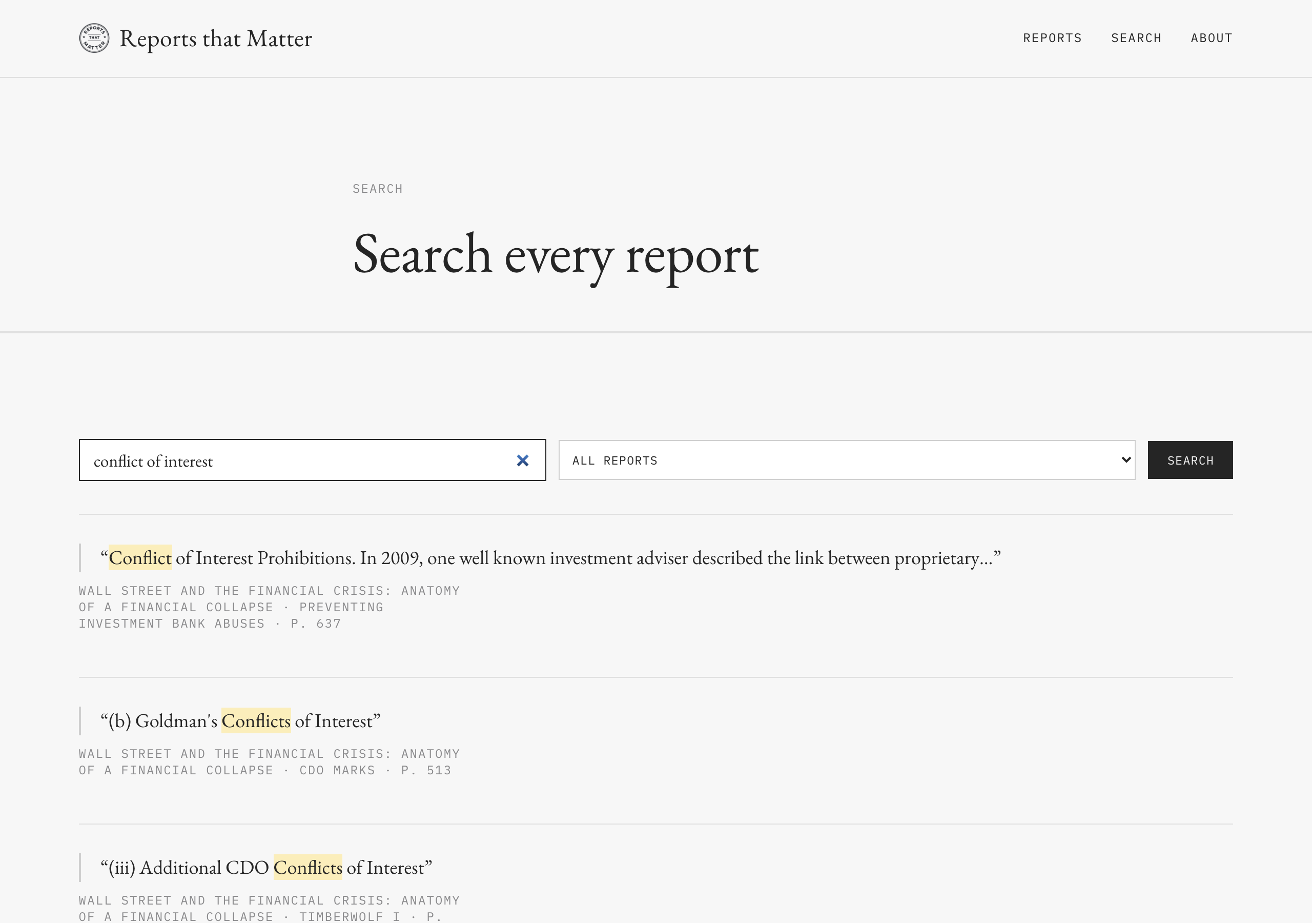 Search results, term highlighted, across several reports