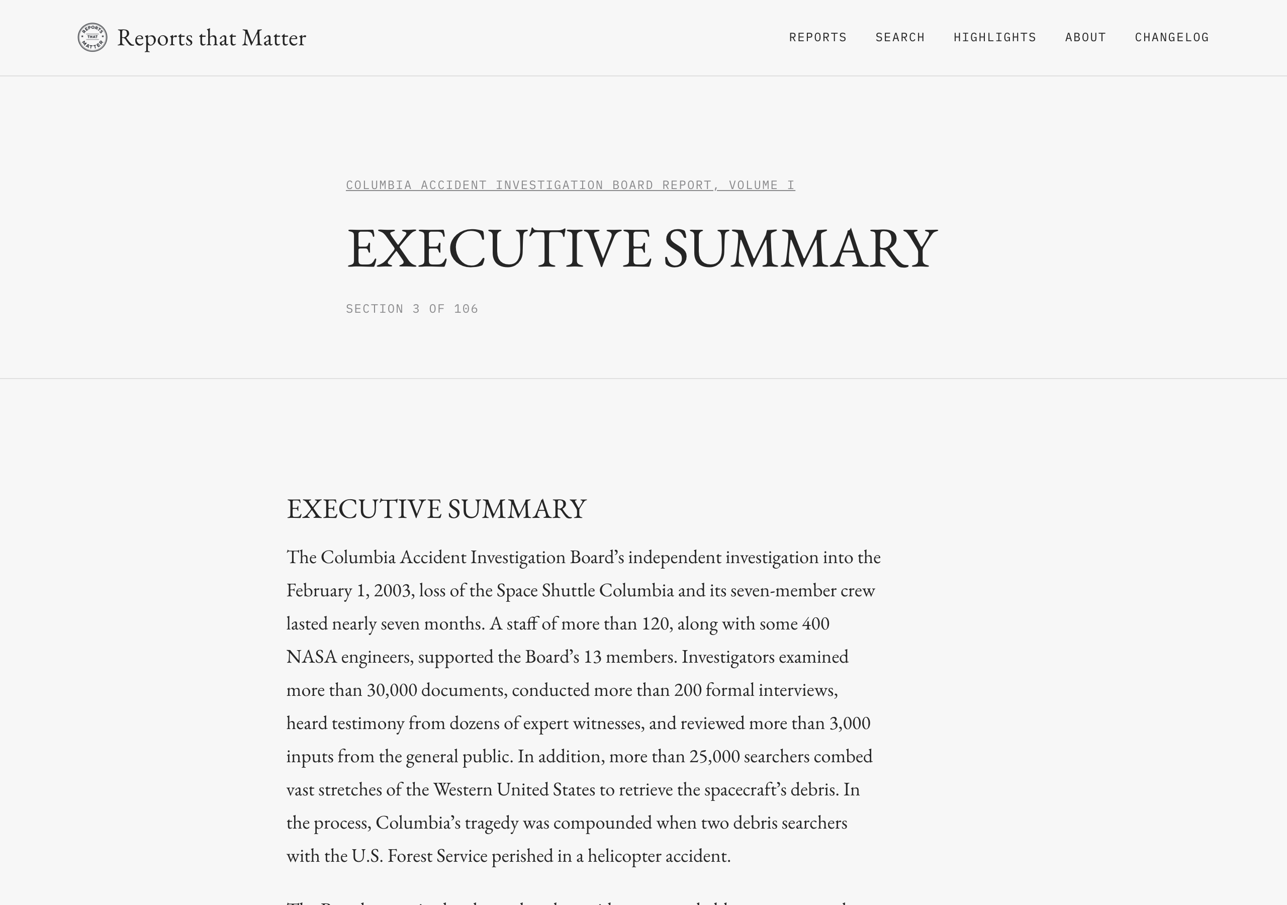 The Columbia executive summary, reading in column order