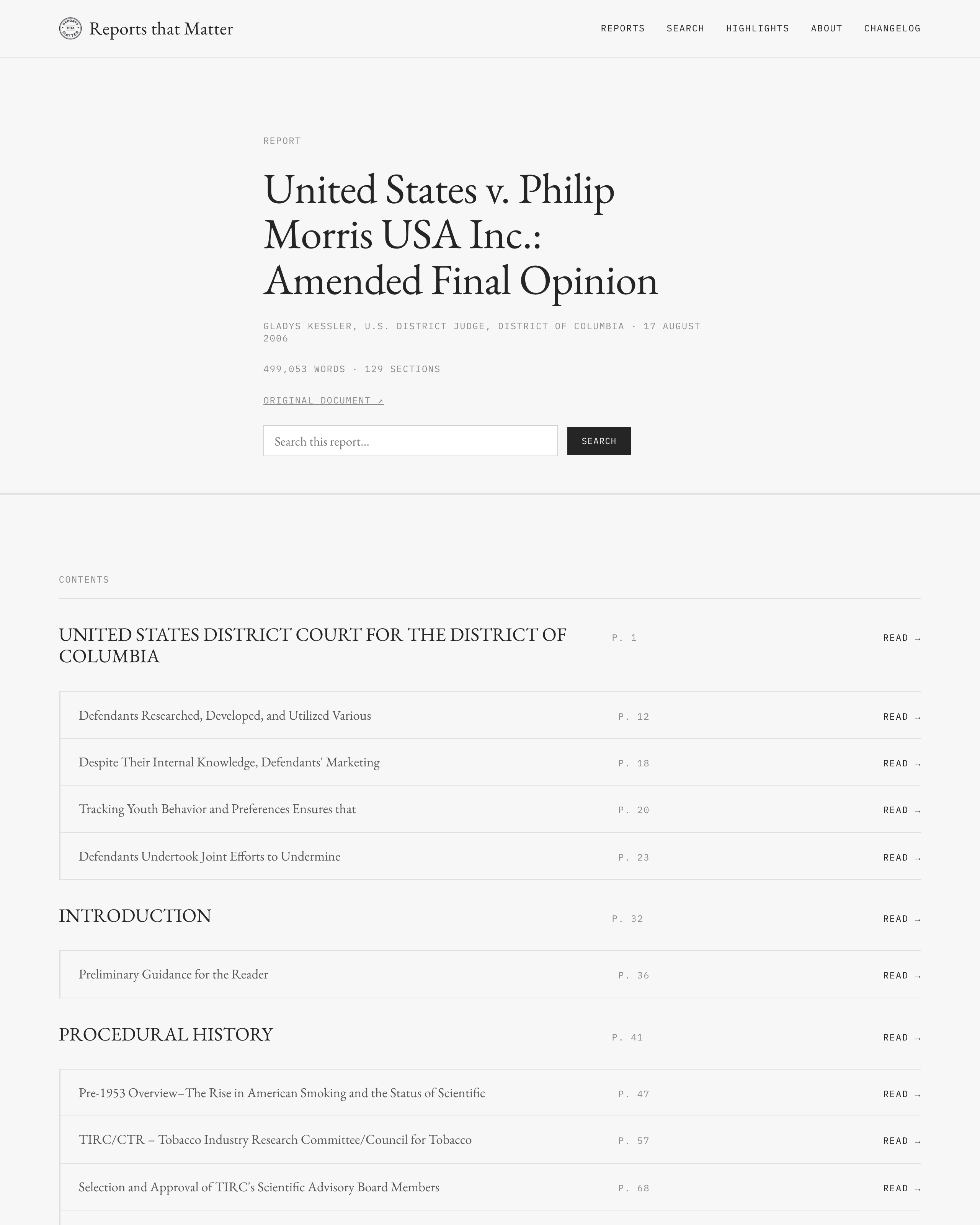 United States v. Philip Morris — the contents page of a 1,682-page opinion