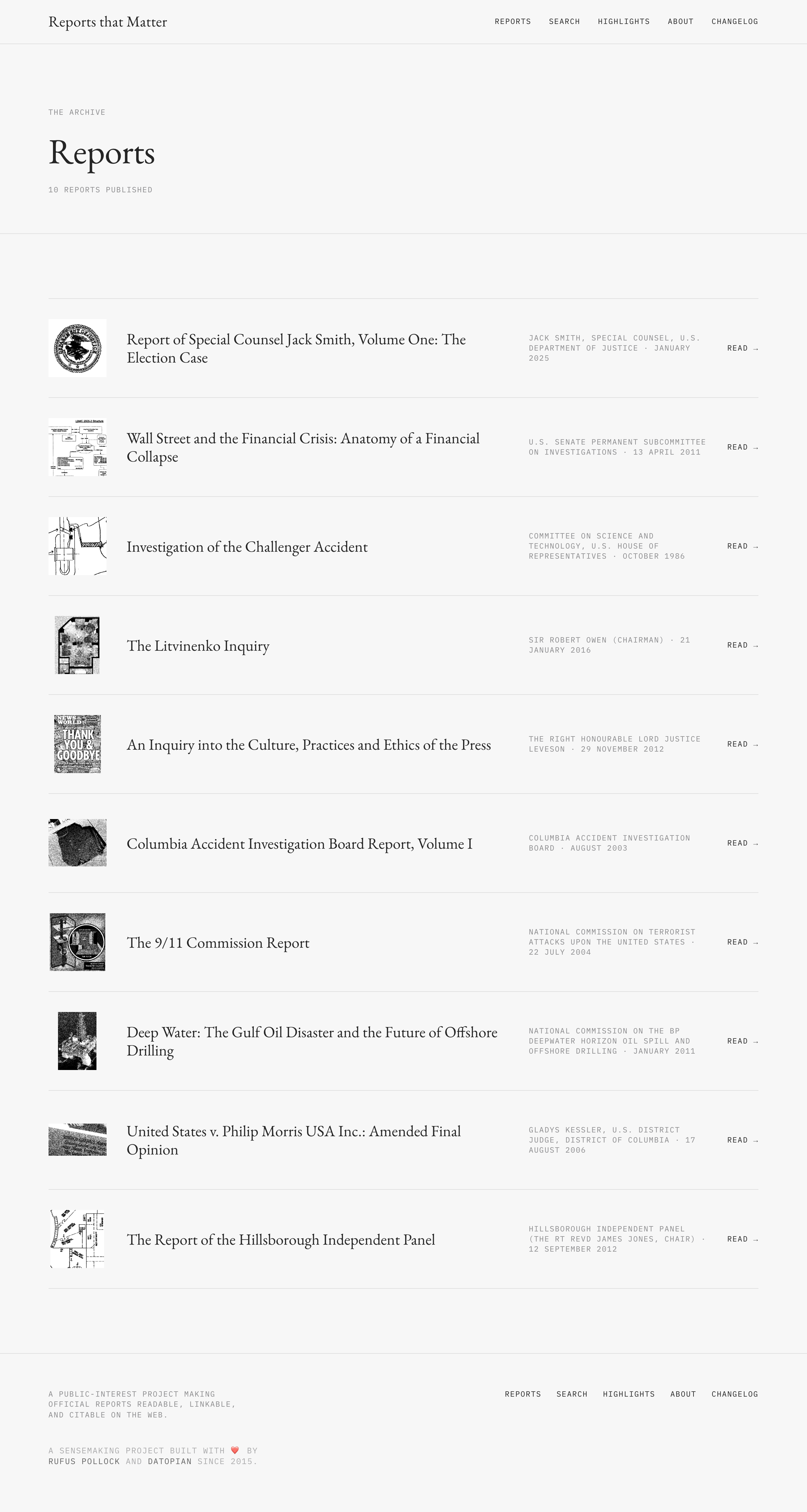 The archive, each report with its plate