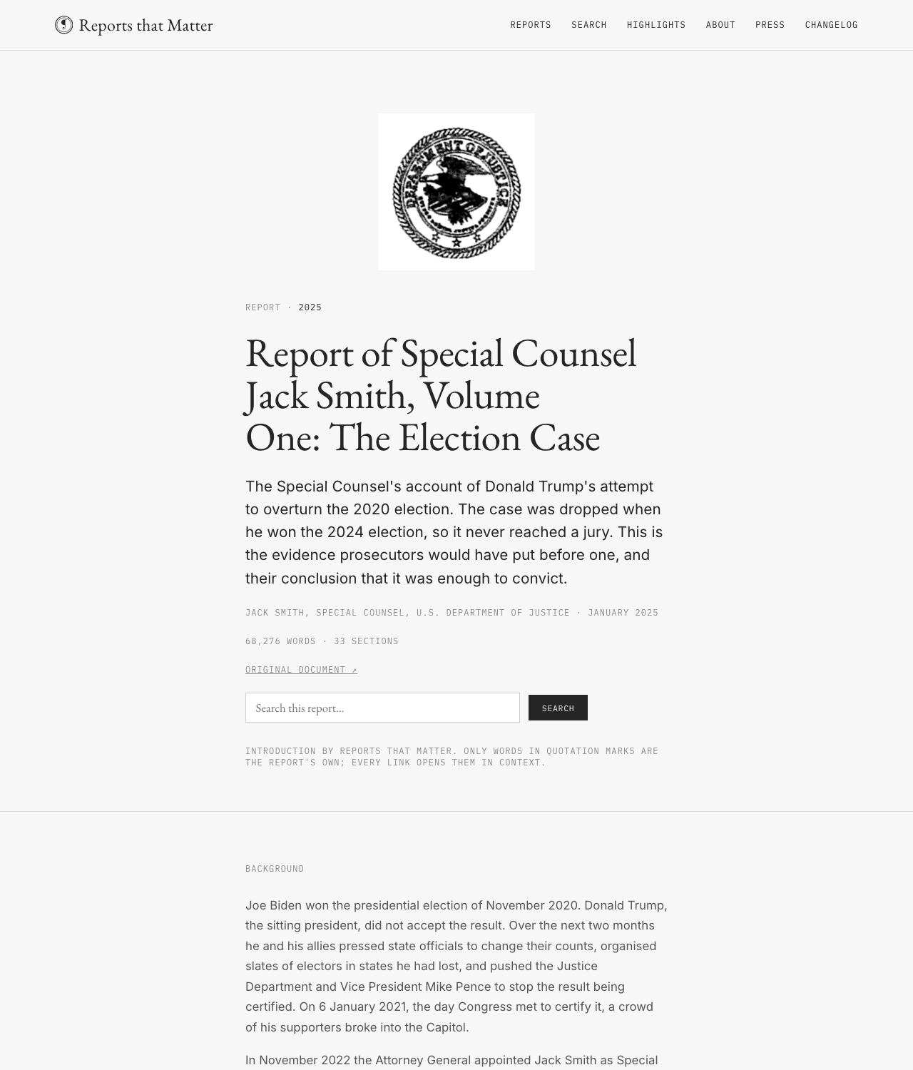 The Jack Smith report's landing page