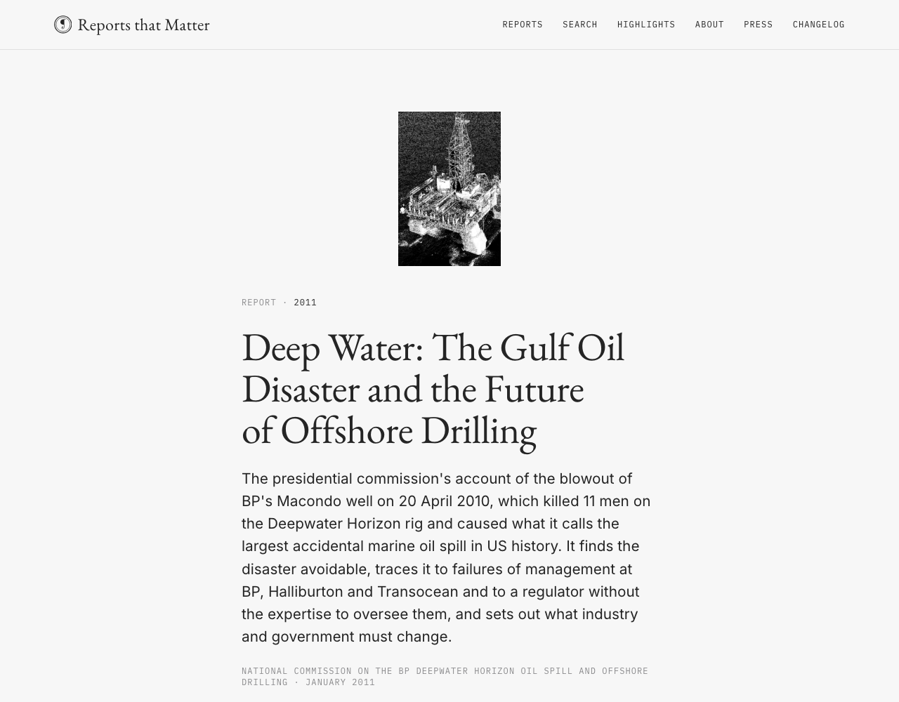 Deepwater Horizon's landing page