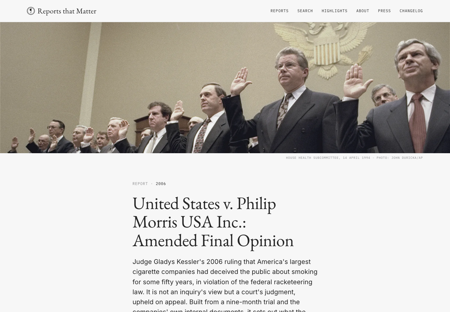 The Philip Morris report's landing page, with its photograph