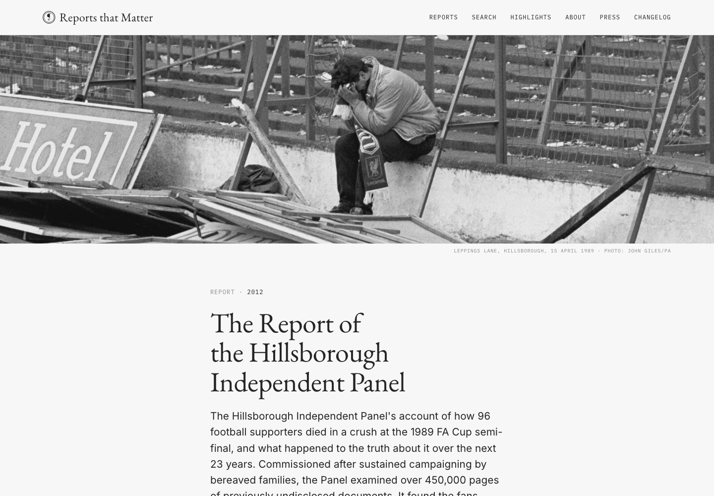 The Hillsborough report's landing page, with its photograph