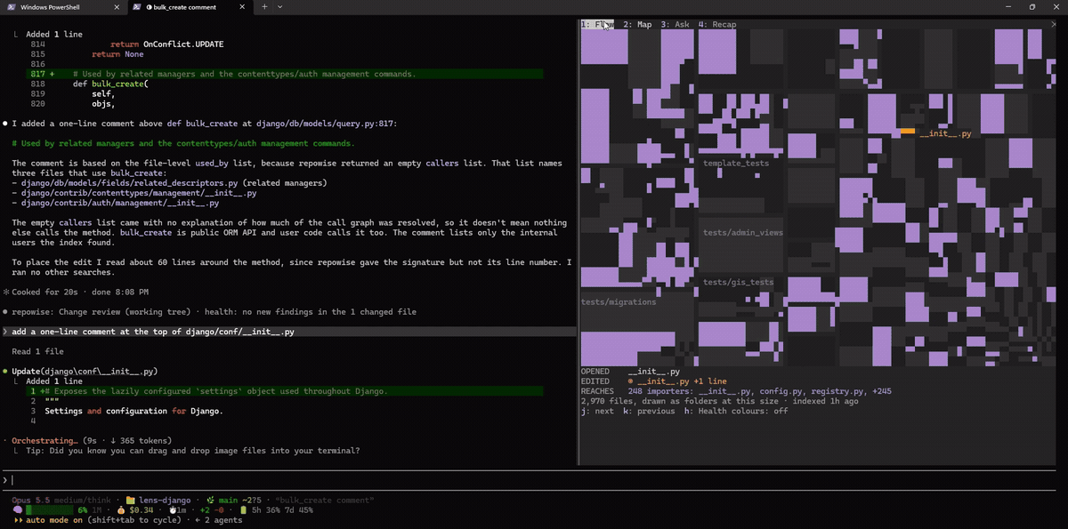 Lens in Claude Code on Django: Claude edits query.py, which turns amber on the map while the 12 files that import it light up in plum; a second edit to django/conf/__init__.py lights its 248 importers, and Flow lists what to check before accepting