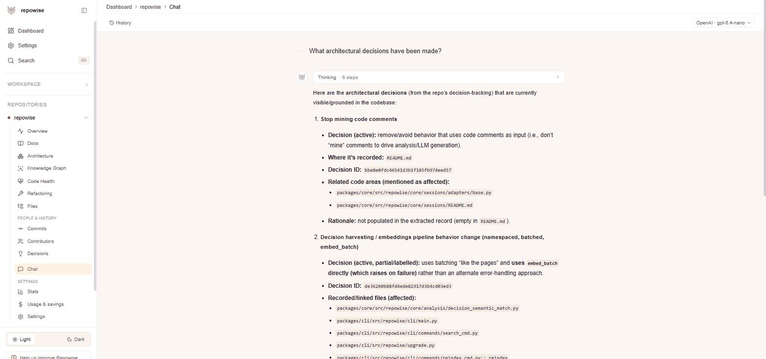 Chat view: ask questions against the indexed repo, with answers that cite the files and pages they came from