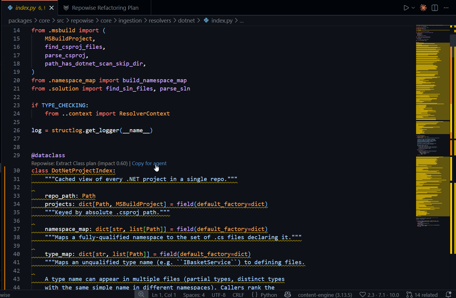 A refactoring plan shown as a CodeLens above the class it targets, with a copy-for-agent action