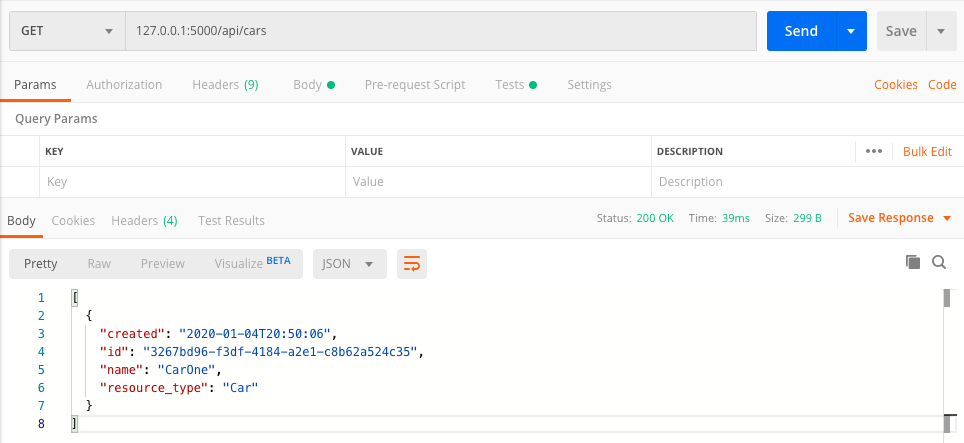 Get cars screenshot in Postman