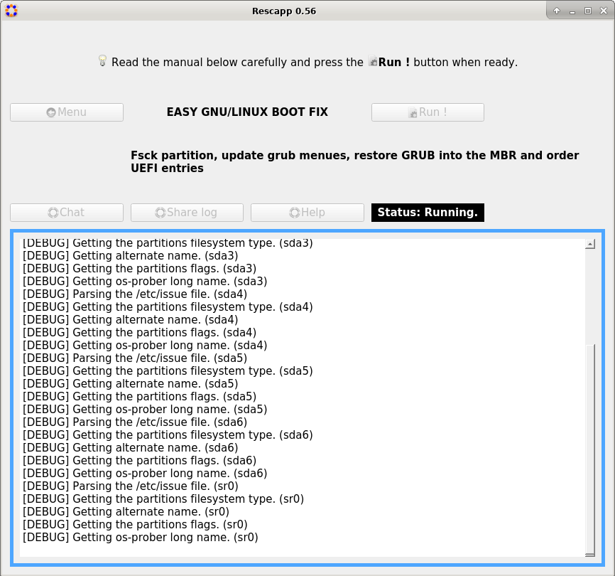 Rescapp 0.56 Easy GNU/Linux Boot Fix option running