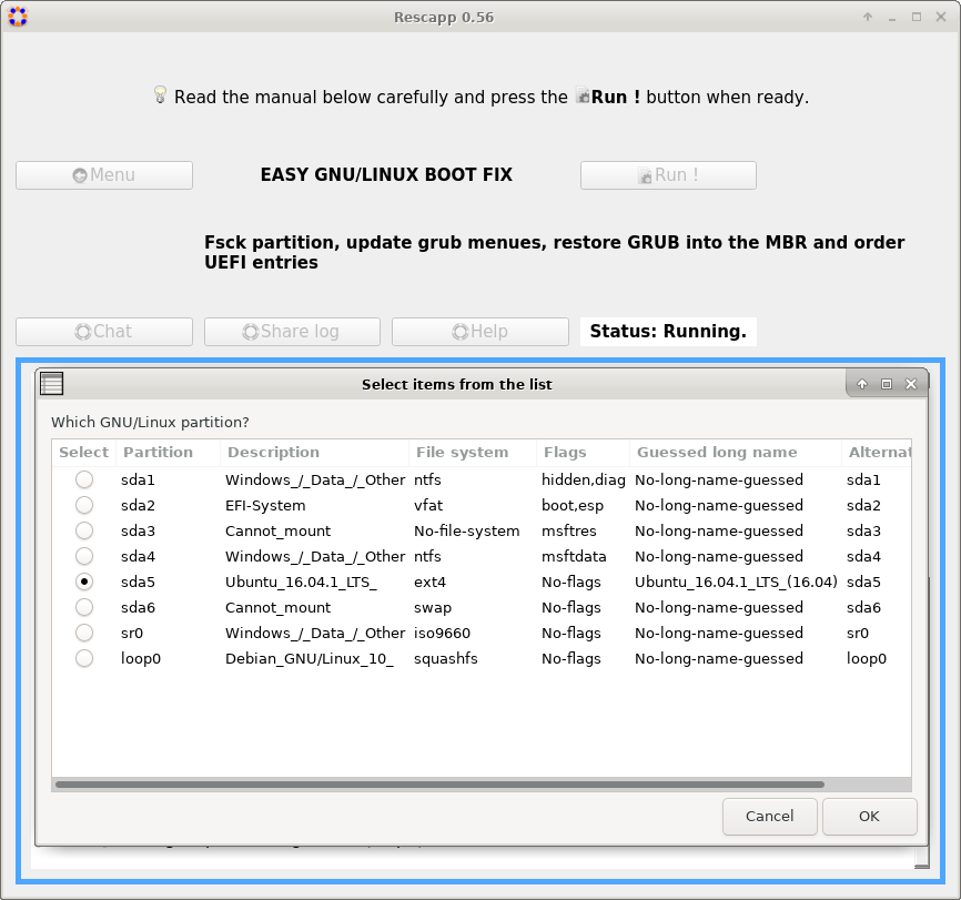 Rescapp 0.56 Easy GNU/Linux Boot Fix option asking for GNU/Linux partition