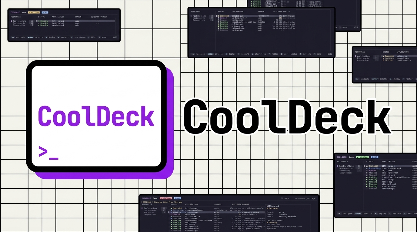 CoolDeck: a keyboard-first terminal dashboard for Coolify, shown against several application list screenshots