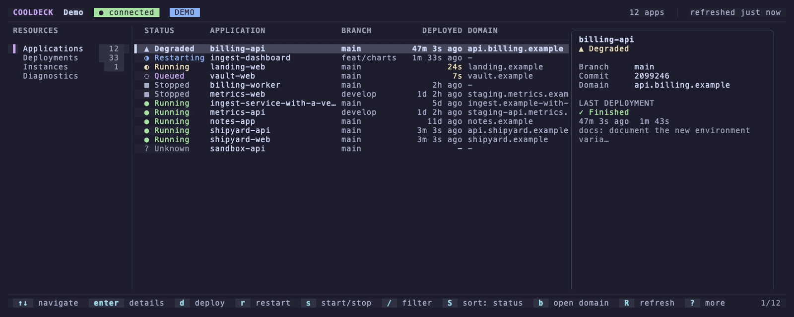 CoolDeck losing its connection: the applications list stays on screen behind an OFFLINE banner showing the age of the data, then recovers on the next refresh