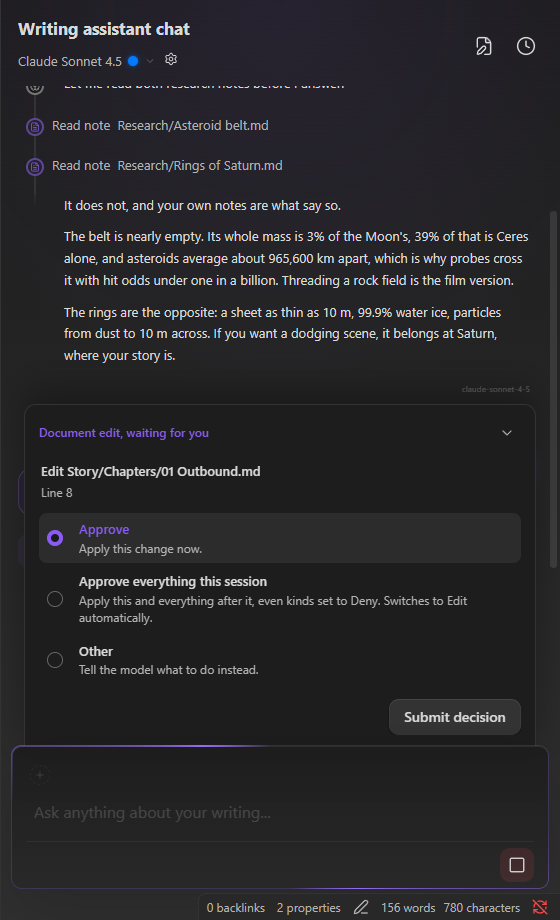 A proposed edit waiting in the composer, with Approve, Approve everything this session, and Other.