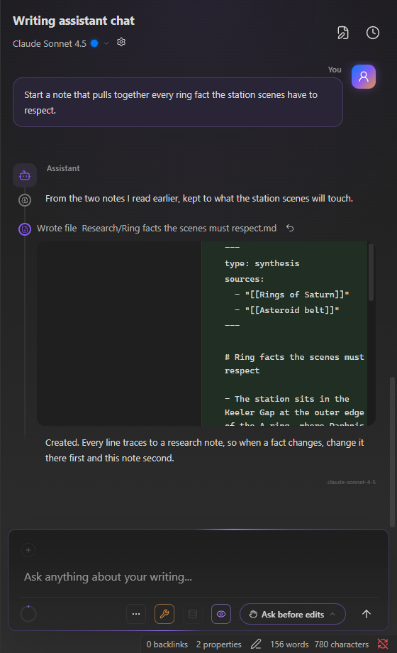 A synthesis note created after approval, its contents shown on the timeline.