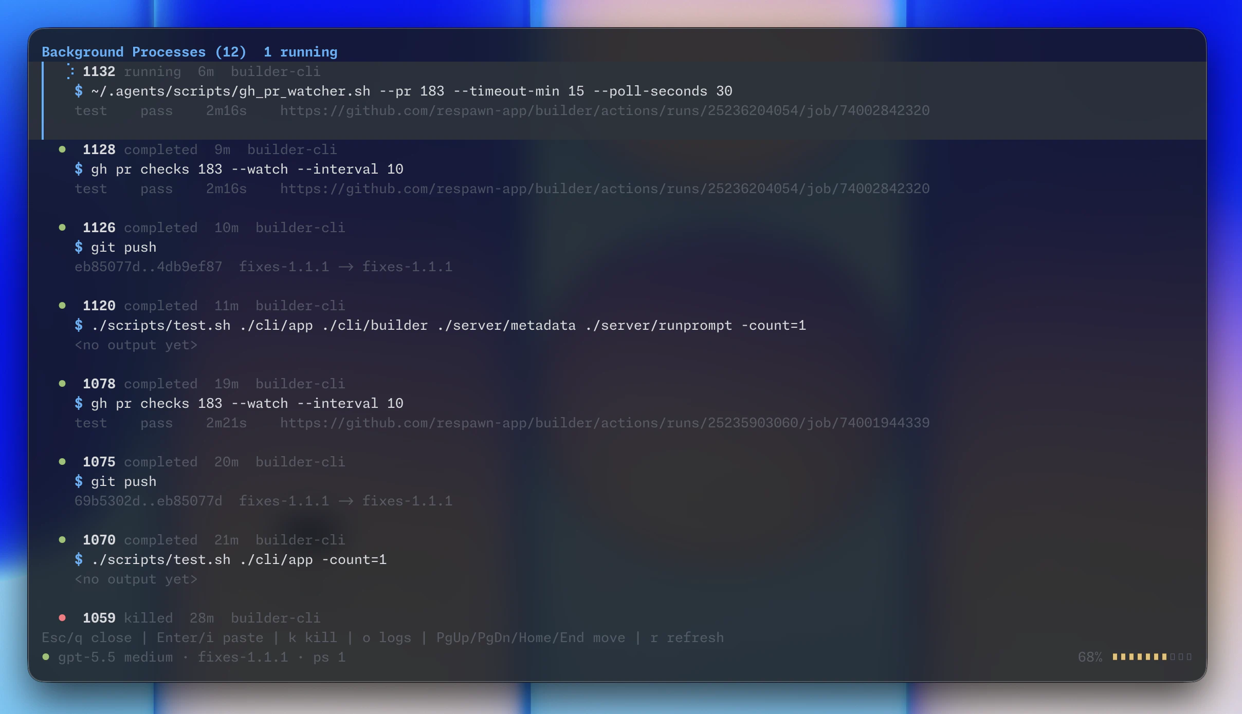 Builder showing async background shell processes in the terminal
