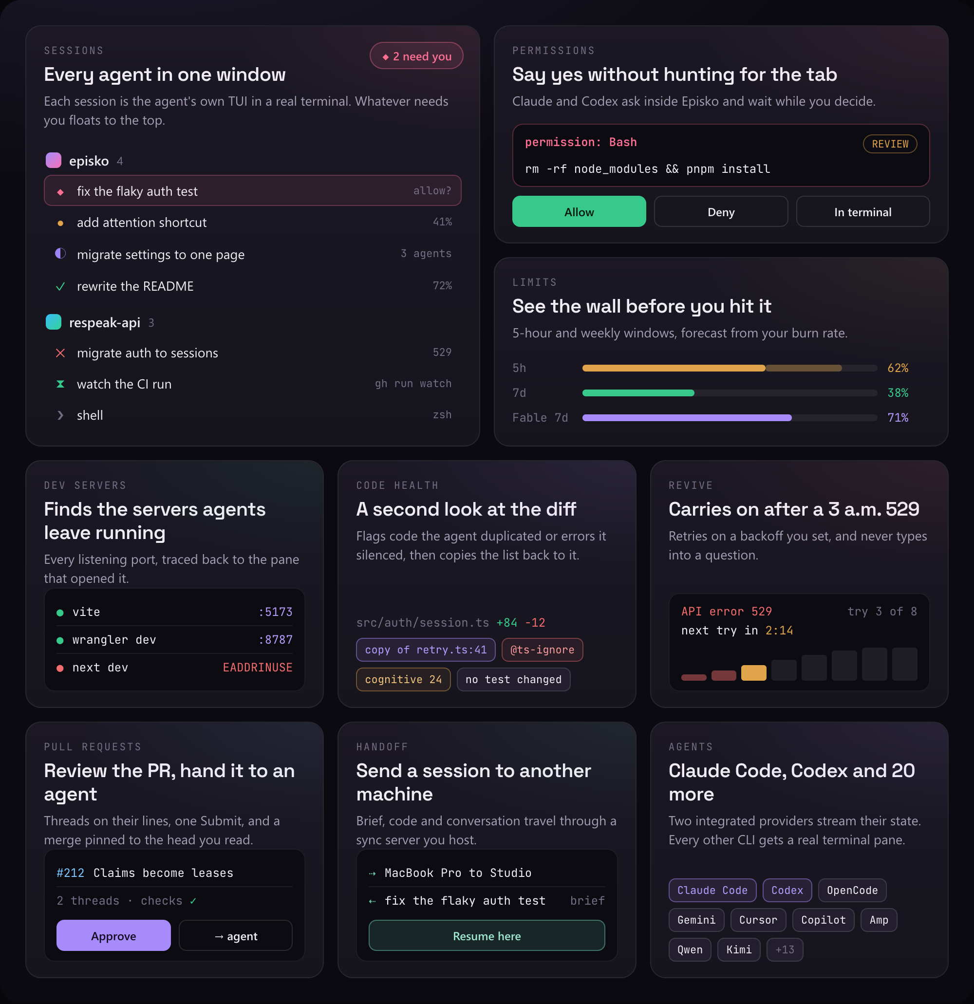Nine features at a glance: every agent in one window, permission prompts answered in the app, usage limit forecasts, dev servers found by their ports, code health findings on the diff, automatic retry after an API error, pull request review, handing a session to another machine, and twenty more agent CLIs