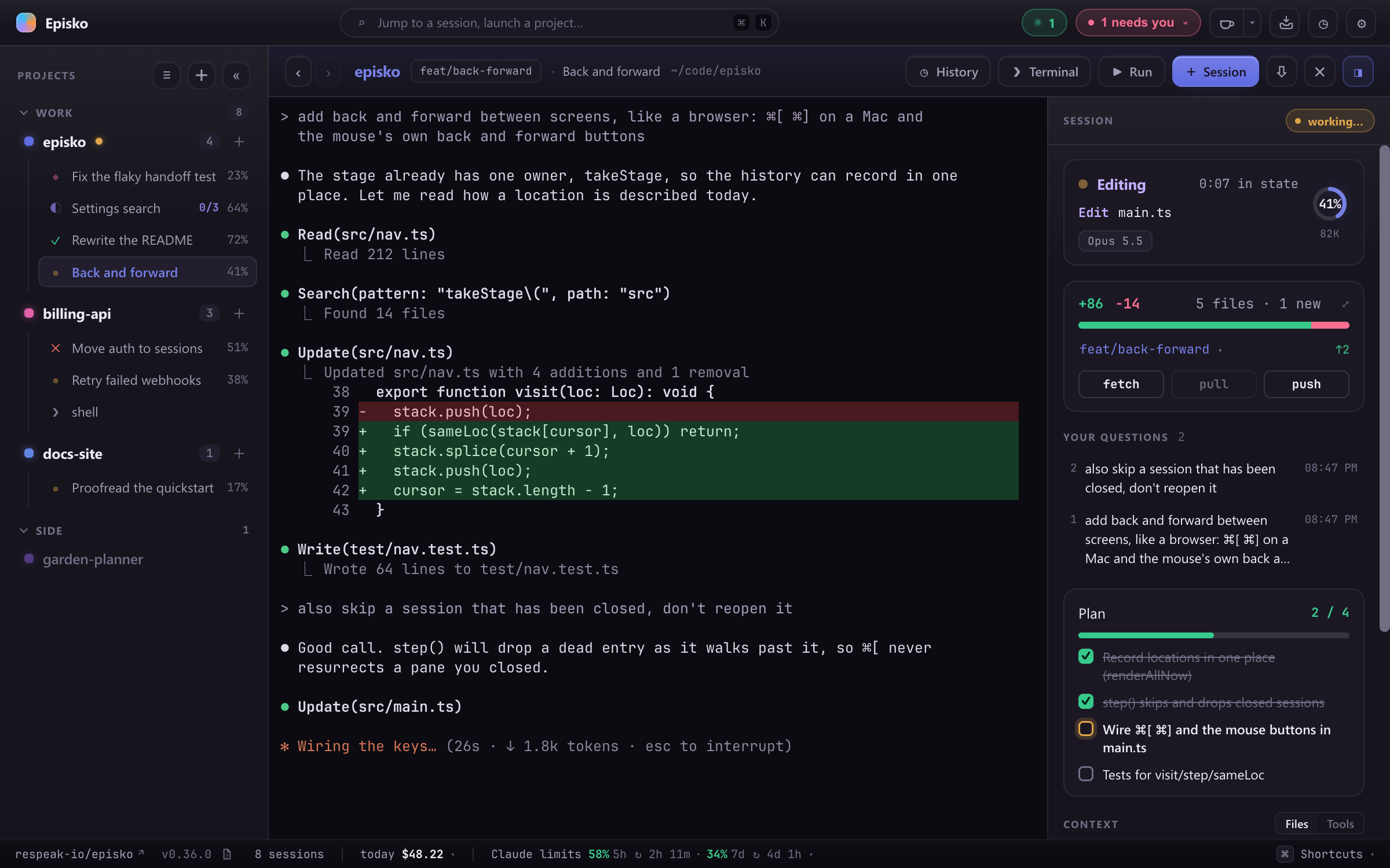 Episko running several coding-agent sessions, each in its own terminal, with live state in the sidebar and inspector