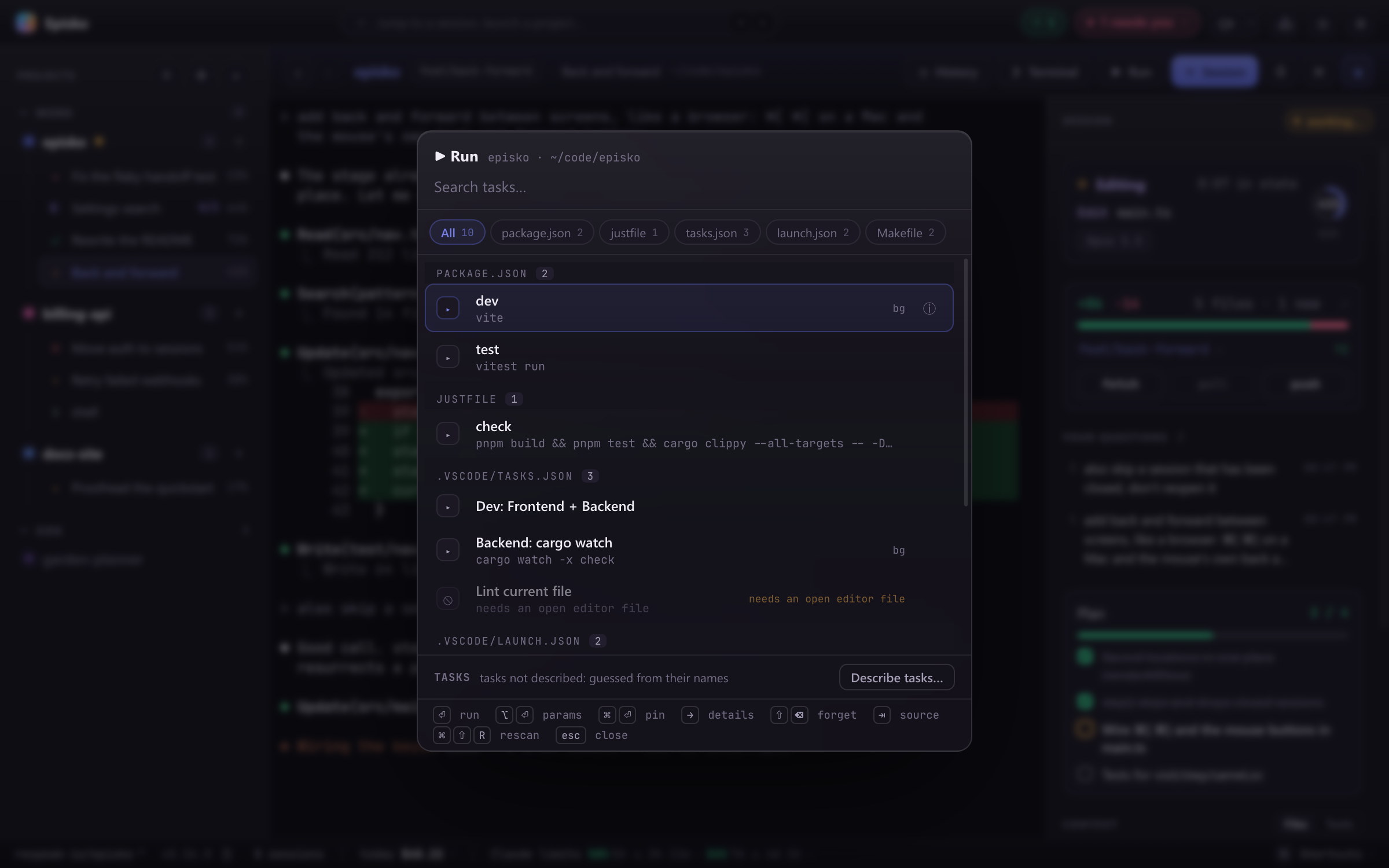 Run picker grouped by package.json scripts, justfile, VS Code tasks and Makefile, with blocked entries explained