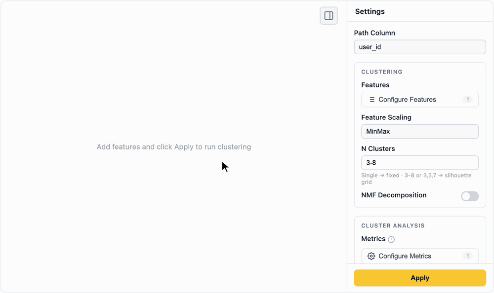 Starting from a bare cluster_analysis() call: features, the cluster range and overview metrics are set in the sidebar, Apply runs the grid, another partition is picked on the Silhouette tab, clusters are renamed in the header and saved as a segment.