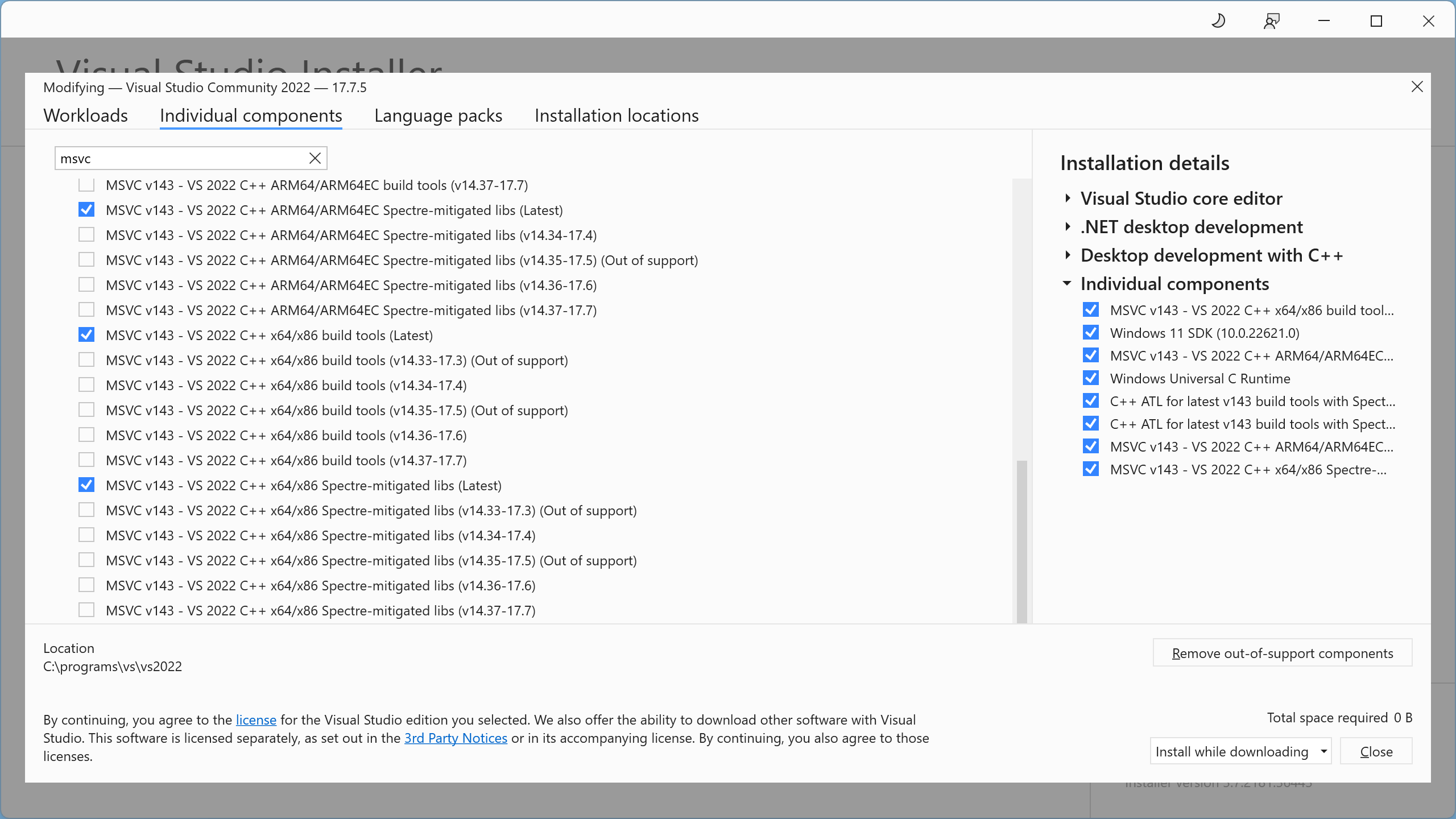Visual Studio installer MSVC with Spectre mitigations