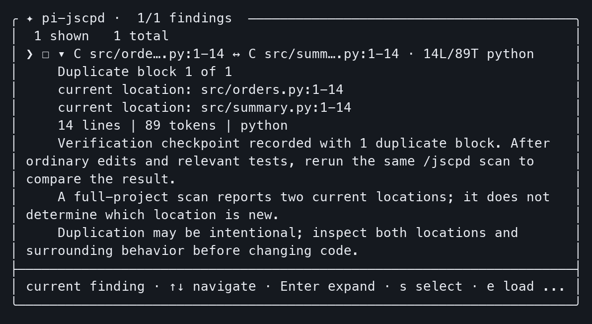 Real /jscpd findings view: one Python duplicate block, both current locations, and advisory review guidance