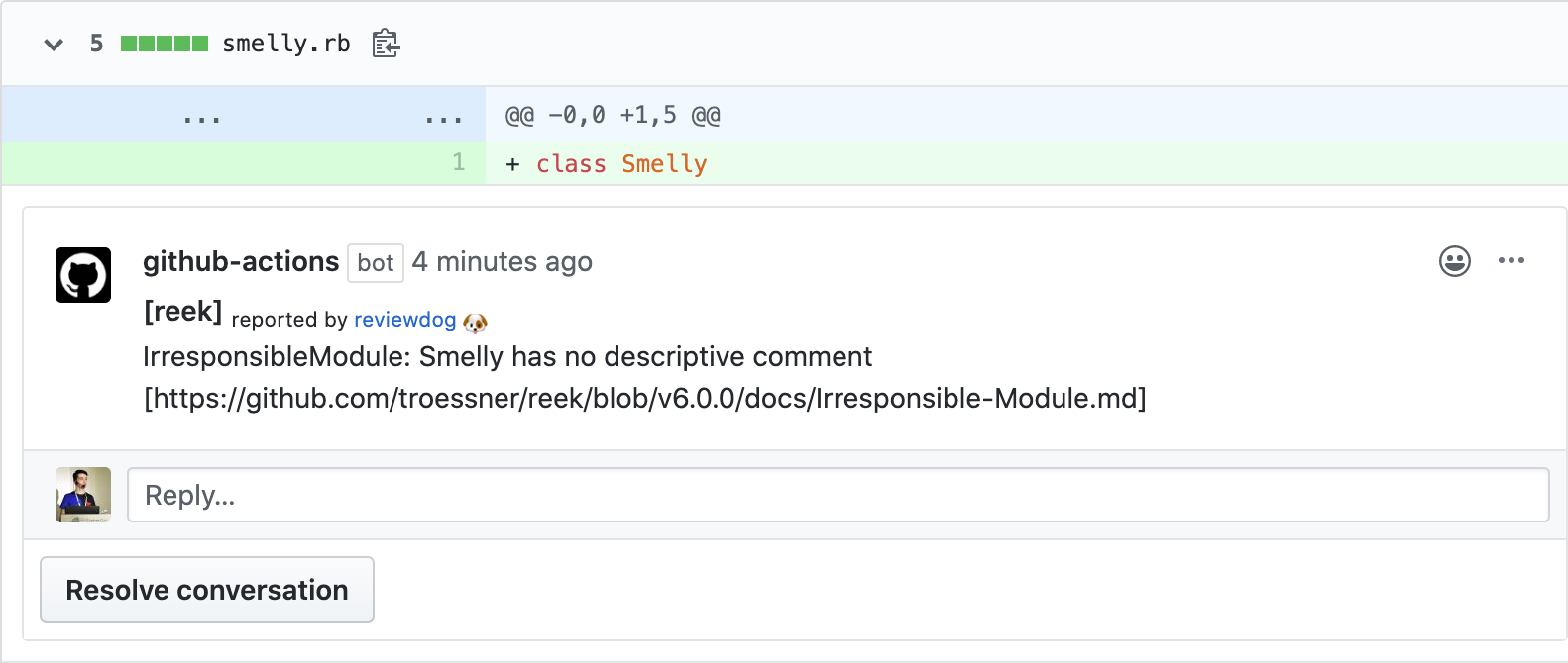 Example comment made by the action, with github-pr-review