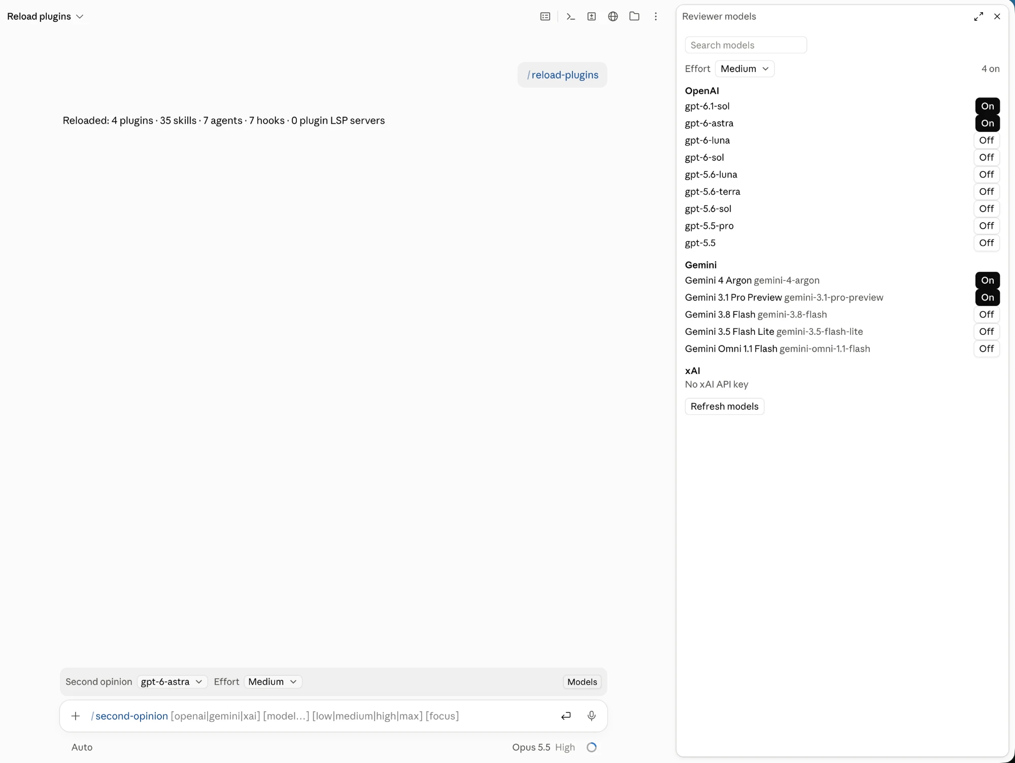 The reviewer bar above the prompt and the Reviewer models pane