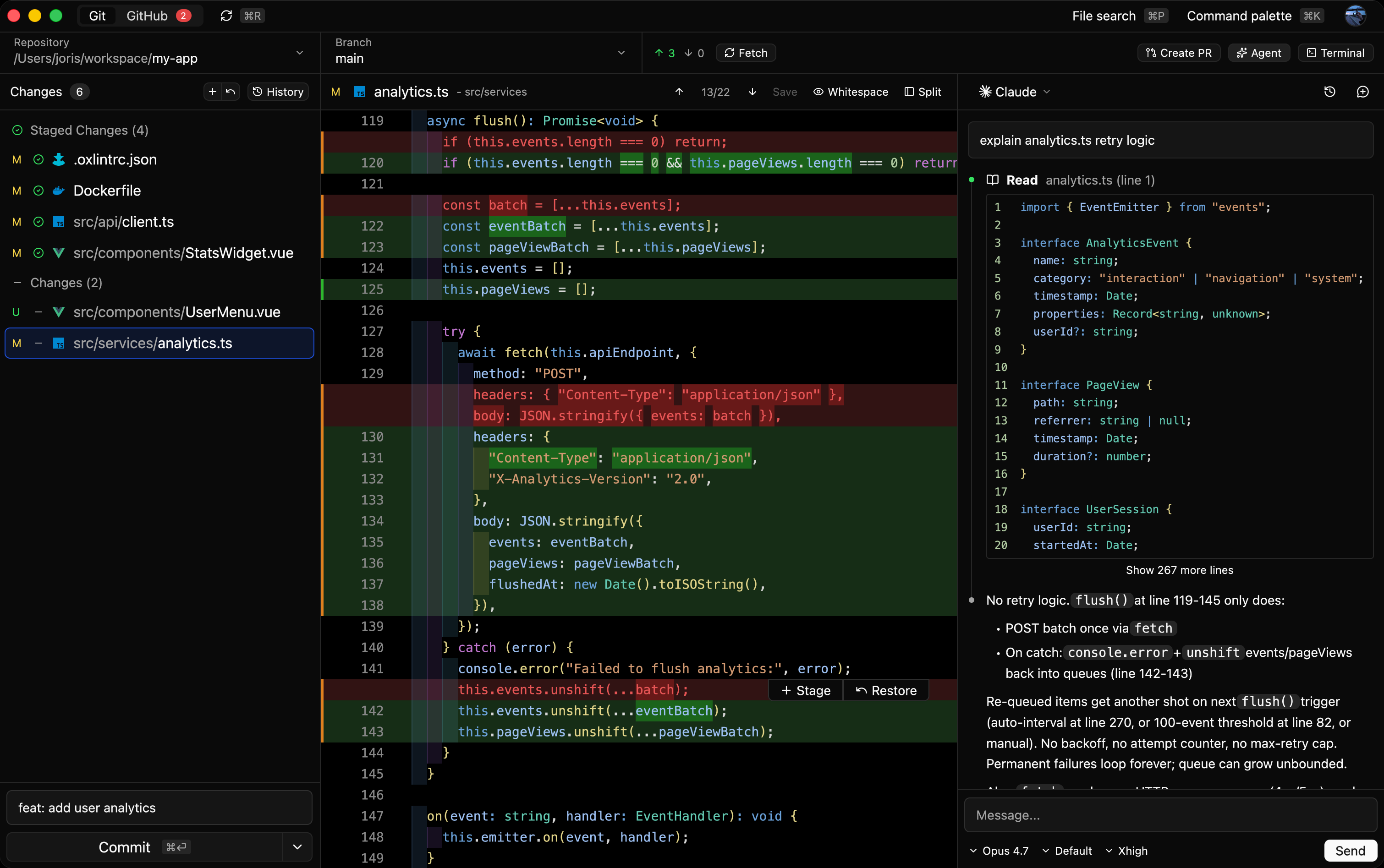 Reviu local Git view with a split diff and the agent panel