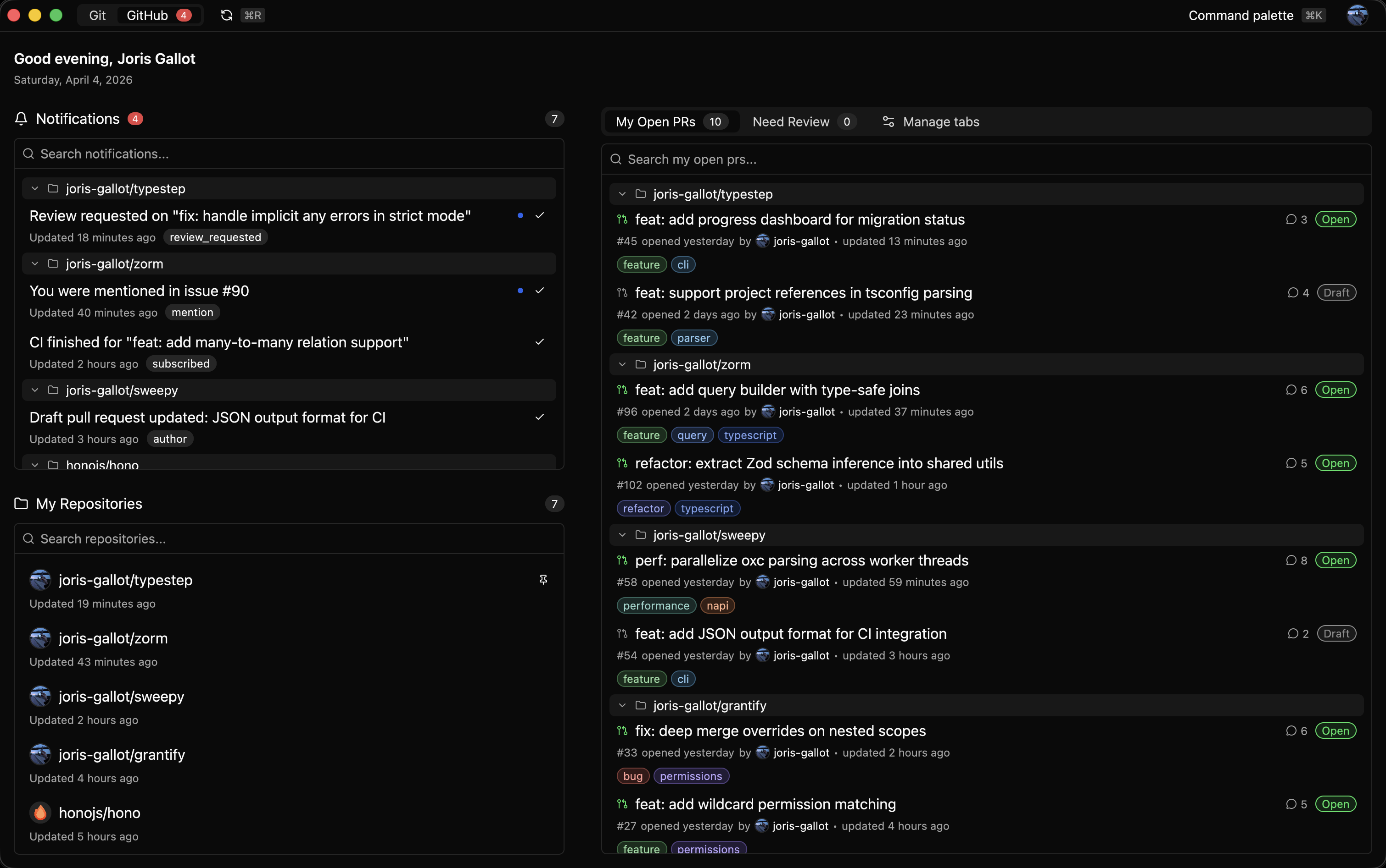 Reviu GitHub home with notifications and saved pull request lists