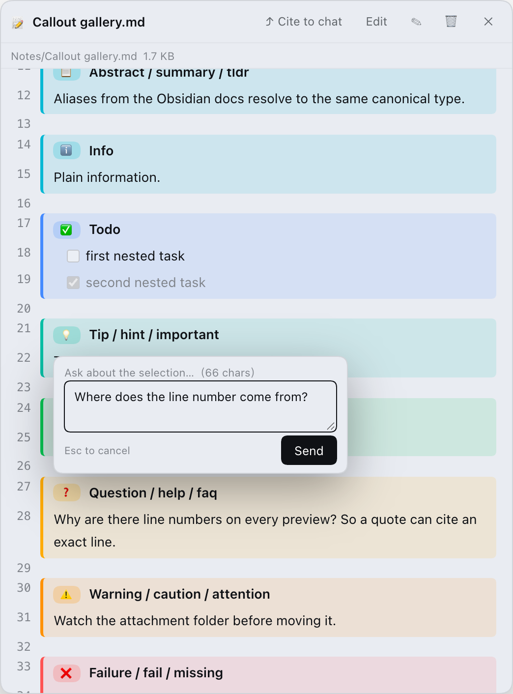 Select a passage and ask about it: path, line numbers and quote are sent with the question