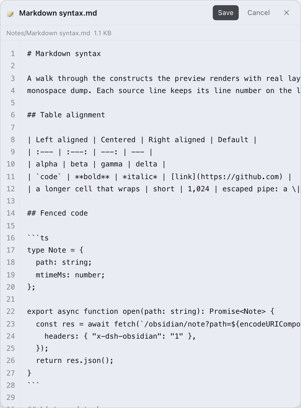 Editor with line numbers and Save button